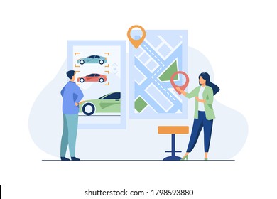 Man renting car. Car sharing app, city map with pointers. consultant flat vector illustration. Transportation, urban transport concept for banner, website design or landing web page