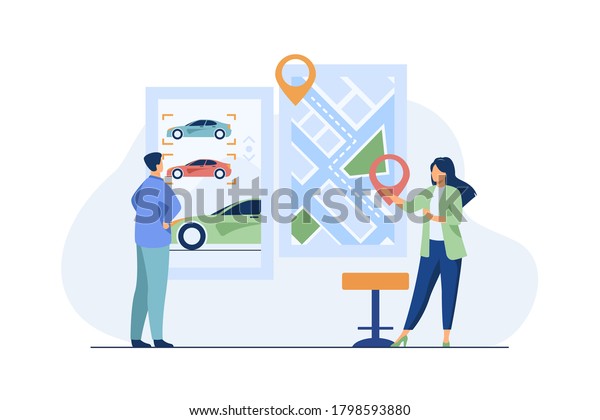 Man\
renting car. Car sharing app, city map with pointers. consultant\
flat vector illustration. Transportation, urban transport concept\
for banner, website design or landing web\
page