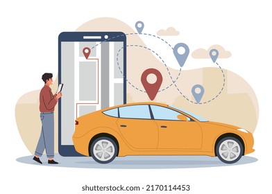 Man renting car. Young guy with smartphone in his hands pays rent. Character on street builds route on application map. Modern service and public paid transport. Cartoon flat vector illustration