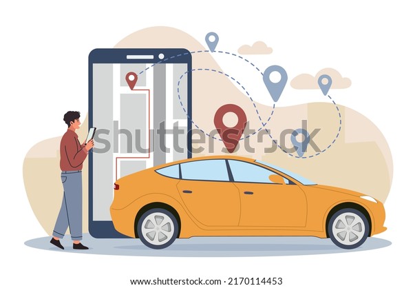 Man renting car. Young guy with smartphone\
in his hands pays rent. Character on street builds route on\
application map. Modern service and public paid transport. Cartoon\
flat vector illustration