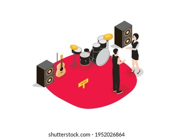 Man renting musical instrument guitar, drum, and speaker while talking to the rental staff