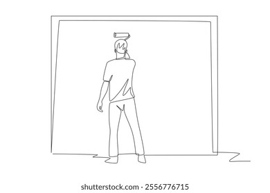 Man repainting the wall. DIY decorations concept one-line drawing