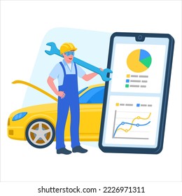 Man repair car online service mobile application illustration