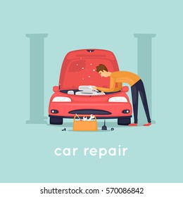 Man Repair Car. Shop. Flat Vector Illustration In Cartoon Style.