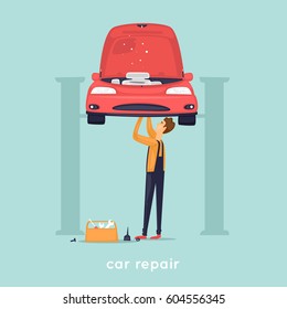 Man repair car. Shop. Flat vector illustration in cartoon style.