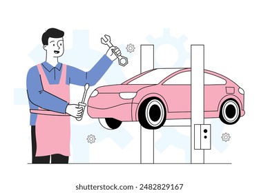 Man repair car. Young guy in uniform holding wrench while lifting vehicle. Repairman with automobile. Mechanic with transport and auto. Linear vector illustration isolated on white background