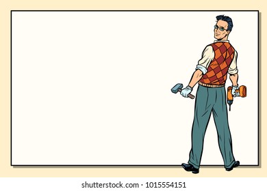 man and repair, drill hammer, copy space background. Pop art retro vector illustration.