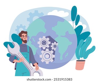 Man repair earth. Young guy with wrench near planet with gears. Maintenance worker with repair equipment. Caring for ecology and environment. Flat vector illustration isolated on white background