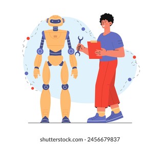 Man repair robot. Guy in uniform with wrench near cyborg. Artificial intelligence and machine learning. Modern technology and innovation. Cartoon flat vector illustration isolated on white background