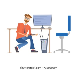 Man repairing a computer or connect it to the network. Service repair of computers. Vector illustration, isolated on white background.