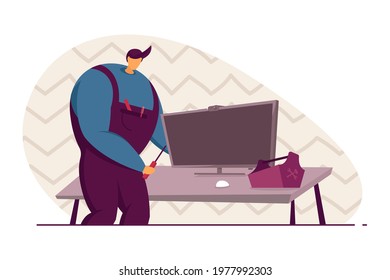 Man repairing computer vector illustration. Professional repairman at work. Computer hardware, upgrade and technology concept for banner, website design or landing web page