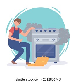man repairing damaged oven smoke