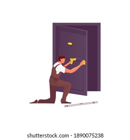 Man repairing door lock or handle flat vector illustration