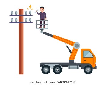 man repairing an electric pole. flat vector illustration