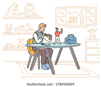 A man is repairing a figure as a hobby. Art toys are decorated in the background. hand drawn style vector design illustrations. 