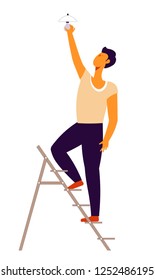 Hombre reparando y reparando problemas en el mango de casa parado en la escalera vectorial sistema eléctrico de fijación de daños lámpara electricista en los altos escalones de servicio de trabajo en la reparación profesional de la casa.