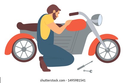 Man Repairing Motorcycle isolated cartoon character. Mechanic fixing motorbike, maintenance of transport vehicle. Biker with spanner and repair equipment. Vector illustration in flat cartoon style