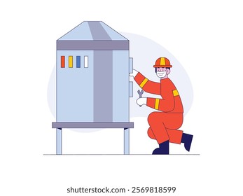 Man is repairing production machine in factory. Character design. Vector flat illustration