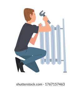 Radiador de reparación de hombre o instalación de calefacción, renovación del hogar, carácter de trabajador de construcción masculino con ilustración vectorial de equipo profesional