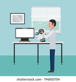 man repairing robot engineer brain settings artificial intelligence