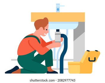 Man Repairing Sink. Repairman Fixing Pipe Problem