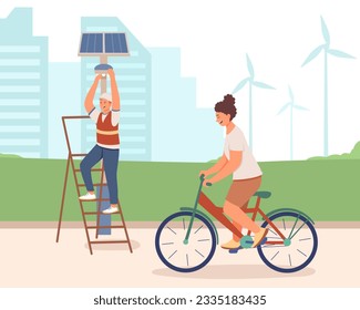 Man repairing solar panel, lady riding bike. Consumption of solar panel outside. Concept of rational use of natural energy for domestic needs. Eco-technology for electricity generation. Flat vector