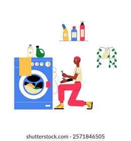 Man Repairing Washing Machine With Laundry Detergents And Plants In Flat Vector Illustration Symbolizing Home Maintenance, Repair, And Household Chores, Isolated On White Background.