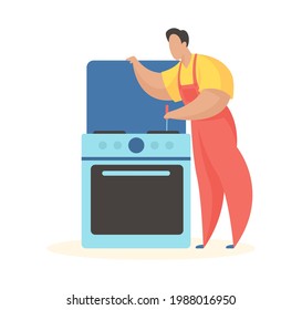 Man repairs kitchen stove. Checking burners and electric oven. Uniformed technician is cleaning gas nozzles in oven with screwdriver. Service and gas department. Vector flat illustration