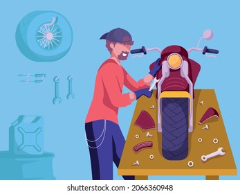 Man repairs retro motorcycle at the garage. Mechanic checks and fixes motor bike with instruments during maintenance. Hobby. Colorful cartoon vector illustration.