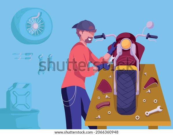 Man repairs retro motorcycle\
at the garage. Mechanic checks and fixes motor bike with\
instruments during maintenance. Hobby. Colorful cartoon vector\
illustration.