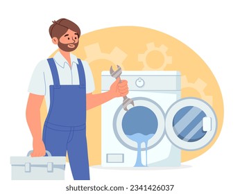 Man repairs washing machine concept. Young guy in uniform with wrench. Plumber fixing problems in bathroom pipes. Technical worker with tools in box. Cartoon flat vector illustration