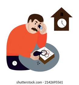 man repairs a watch, a watchmaker repairs a watch, vector illustration on a white background