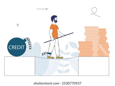 Man repay loan. Student with debt for education. Young guy walk at rope to golden coins. Business opportunities. Economic difficulties. Linear vector illustration isolated on white background
