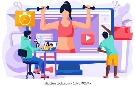 Man repeat exercises behind a girl trainer on a computer monitor. Guy with a microphone watching a video. Athlete is doing lunges with dumbbells on the computer screen. Sports online video blog