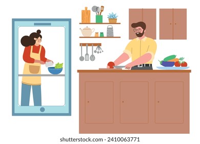 Man repeats video recipe after girl. Funny guy watches cooking blog and cooks lunch, homemade food preparation process, vector illustration.eps
