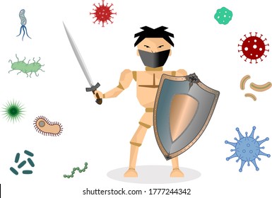 Man repels the attack of viruses and bacteria with a sword and shield. The concept of protection against infections and harmful microorganisms