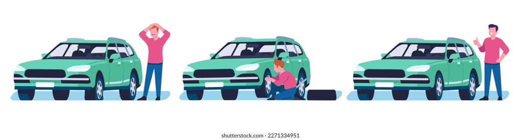 Man replaces flat tire on car. Person replacing wheel to continue driving. Vehicle repair. Tyre replacement service. Upset or happy driver. Vector automobile fixing