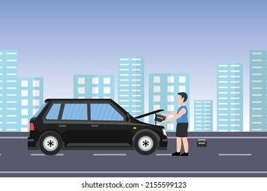 A man replacing the car battery on an urban road vector. Flat boy character repairing car parts on open road concept. Mechanic replacing a car battery, Urban buildings concept vector.