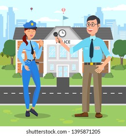 Man Reporter Interviews Woman Policeman. Police Building. Police Uniform. Cityscape. Television and Technology. Television Industry. Working Process. Journalist in Center of Event. Vector Illustration