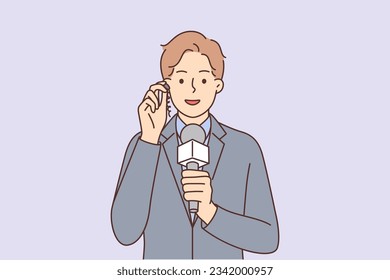 Man reporter with microphone and earpiece informs TV viewers about important news live. Guy works on television makes career as journalist or reporter from press service of government agencies.