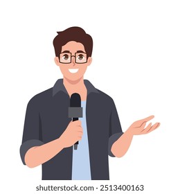 Man reporter with microphone. Flat vector Character illustration