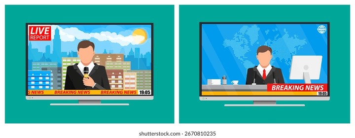 Man reporter on screen doing live report. Man news anchor on monitor giving breaking news. Flat style stock vector set collection illustration.