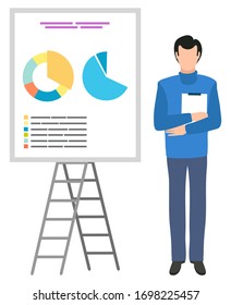Man reporting on business stats and researches vector, isolated character flat style. Presentation with diagram and segments colored in colors worker