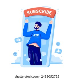 A man request to subscribe, Content creator pointing on subscribe sign, Vector illustration