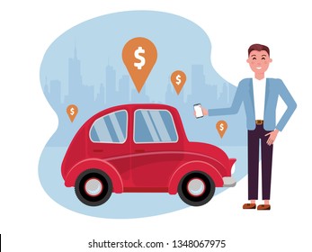 Man requesting ride on cell phone. Rent a car using mobile app. Online carshering concept.Small cute red car on background of silhouette of city and geolocation sign.Vector flat cartoon illustration
