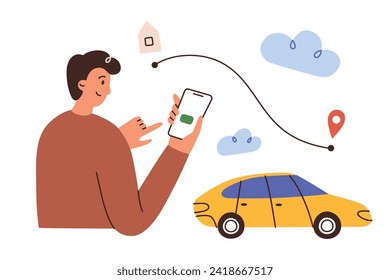 Man requests taxi ride by phone, cab mobile app illustration, hand drawn composition with cartoon person and car, vector icon of smartphone with car sharing service, book transportation for trip