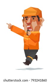 the man in rescue uniform use the radio, Cartoon vector illustration.