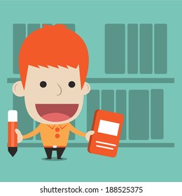 A man researches in the library, Vector cartoon