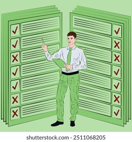 Man researching survey results to identify and understand problems during the decision making process. Business concept. Outline vector illustration.