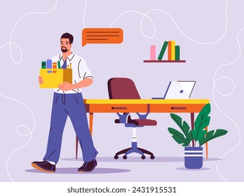 Man with resignation concept. Young guy with cradboard box with books. Worker and employee leave workplace. Jobless person. Cartoon flat vector illustration isolated on blue background